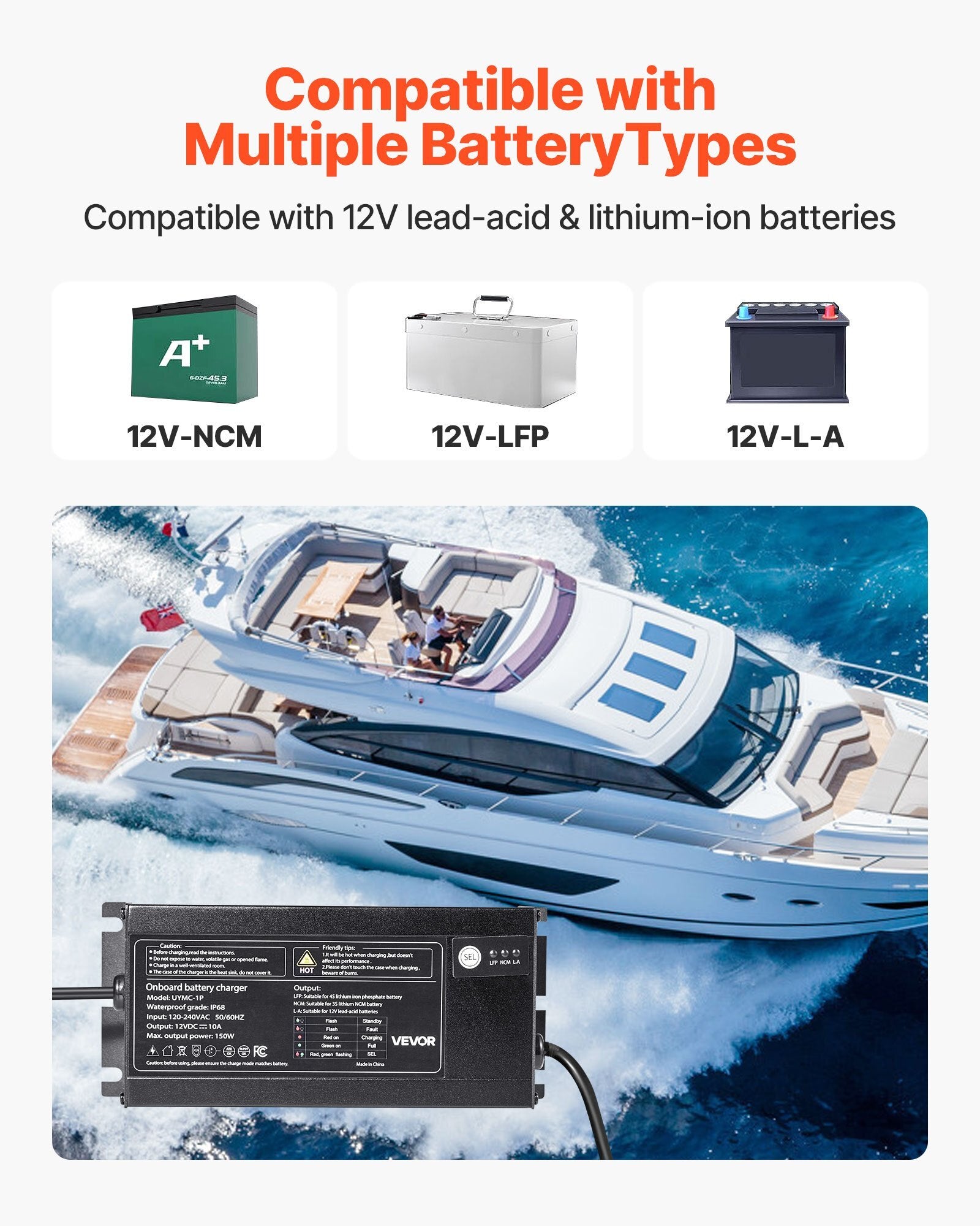 Marine Battery Charger, 1-Bank, 10A 12V Onboard Boat Charger, IP68 Waterproof Smart On-Board Battery Charger, for Lithium-Ion (LiFePO4), NCM, Lead-Acid Batteries, Large Boat, Yacht, RV, Trailer