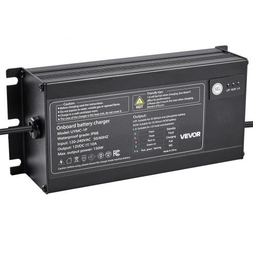 Marine Battery Charger, 1-Bank, 10A 12V Onboard Boat Charger, IP68 Waterproof Smart On-Board Battery Charger, for Lithium-Ion (LiFePO4), NCM, Lead-Acid Batteries, Large Boat, Yacht, RV, Trailer