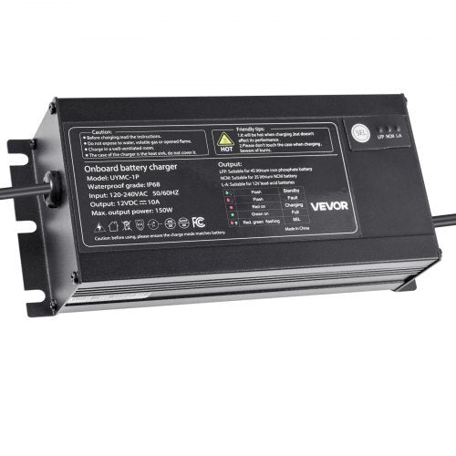 Marine Battery Charger, 1-Bank, 10A 12V Onboard Boat Charger, IP68 Waterproof Smart On-Board Battery Charger, for Lithium-Ion (LiFePO4), NCM, Lead-Acid Batteries, Large Boat, Yacht, RV, Trailer