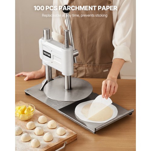 Tortilla Press, 10 Inch Cast Iron Tortilla and Roti Maker, Heavy Duty Tortilladora Press, Pataconera Makers with Handle and 100 Pcs Parchment Paper, Dough Taco Press for Flour Tortilla, Tawa